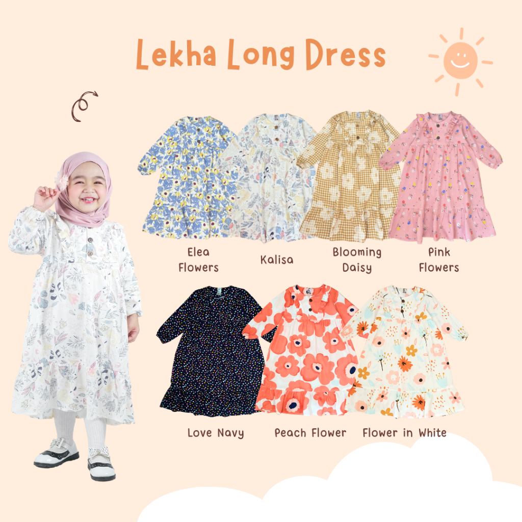 Yobebee Lekha Long Dress Gamis Anak Perempuan Usia 2 3 4 5 6 8 Tahun Baju Muslim Gaun Babydoll Anak 