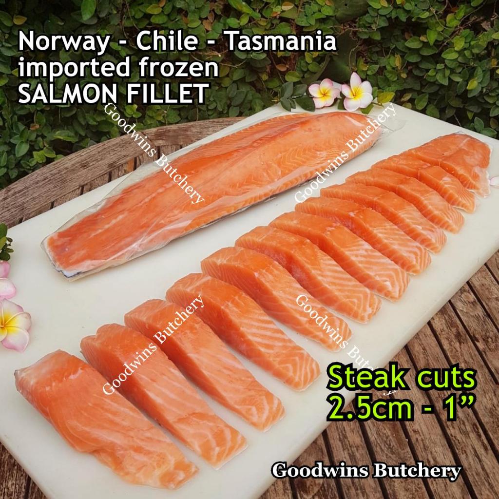 

500g 3-4pcs SALMON FILLET BONELESS Norway Tasmania Chile FROZEN STEAK 1" 2.5cm