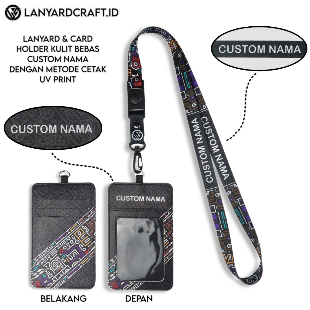 

V4 Id Card Holder Leather Custom + Lanyard Custom Nama Doodle Series Gantungan Tali Lanyard Holder Id Card Kulit UV Print