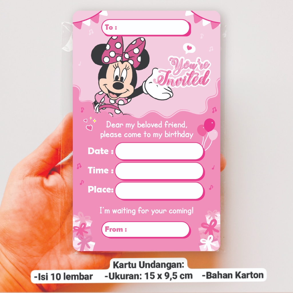 KARTU UNDANGAN MINNIE MOUSE ULTAH ULANG TAHUN ISI 10 HAPPY BIRTHDAY ACARA INVITATION SURAT UNDANGAN 
