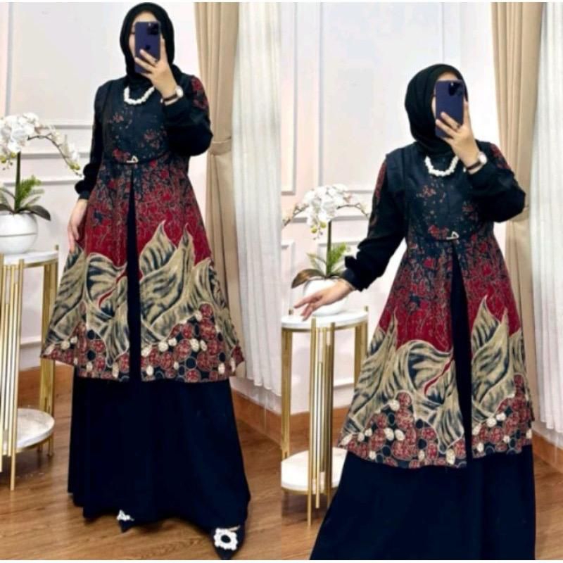 Gamis Batik Naura 2in1 Terbaru / Gamis Kondangan Modern / Kombinasi Polos  Motif Terbaru