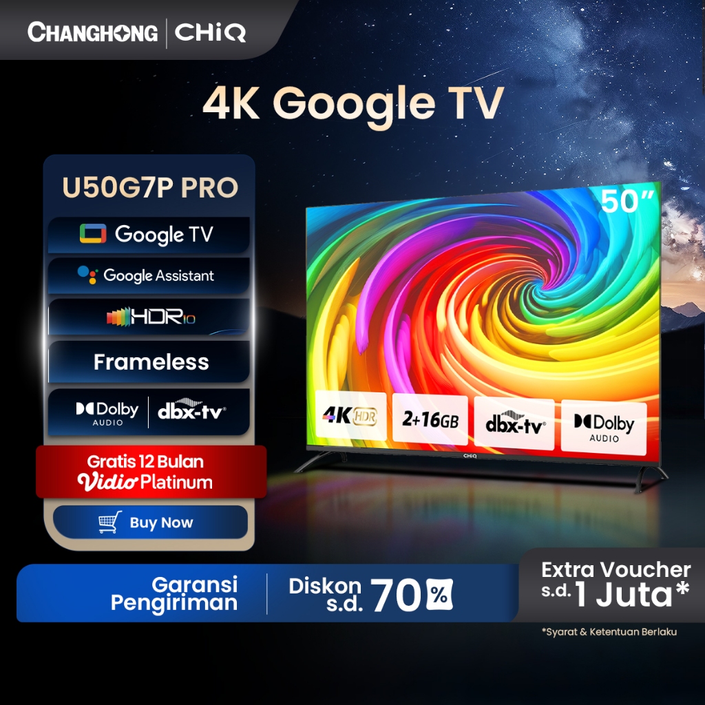 【Google TV】CHiQ 50 inch Smart TV 4K UHD-HDR10+DBX Dolby Audio Google Assistant Netflix Youtube Digit