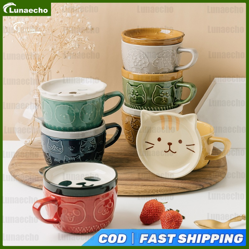 Mug Keramik Tutup Set Karakter Kucing Imut Potong, Ada Coaster, 5 Warna - Cocok untuk Sarapan/Kopi