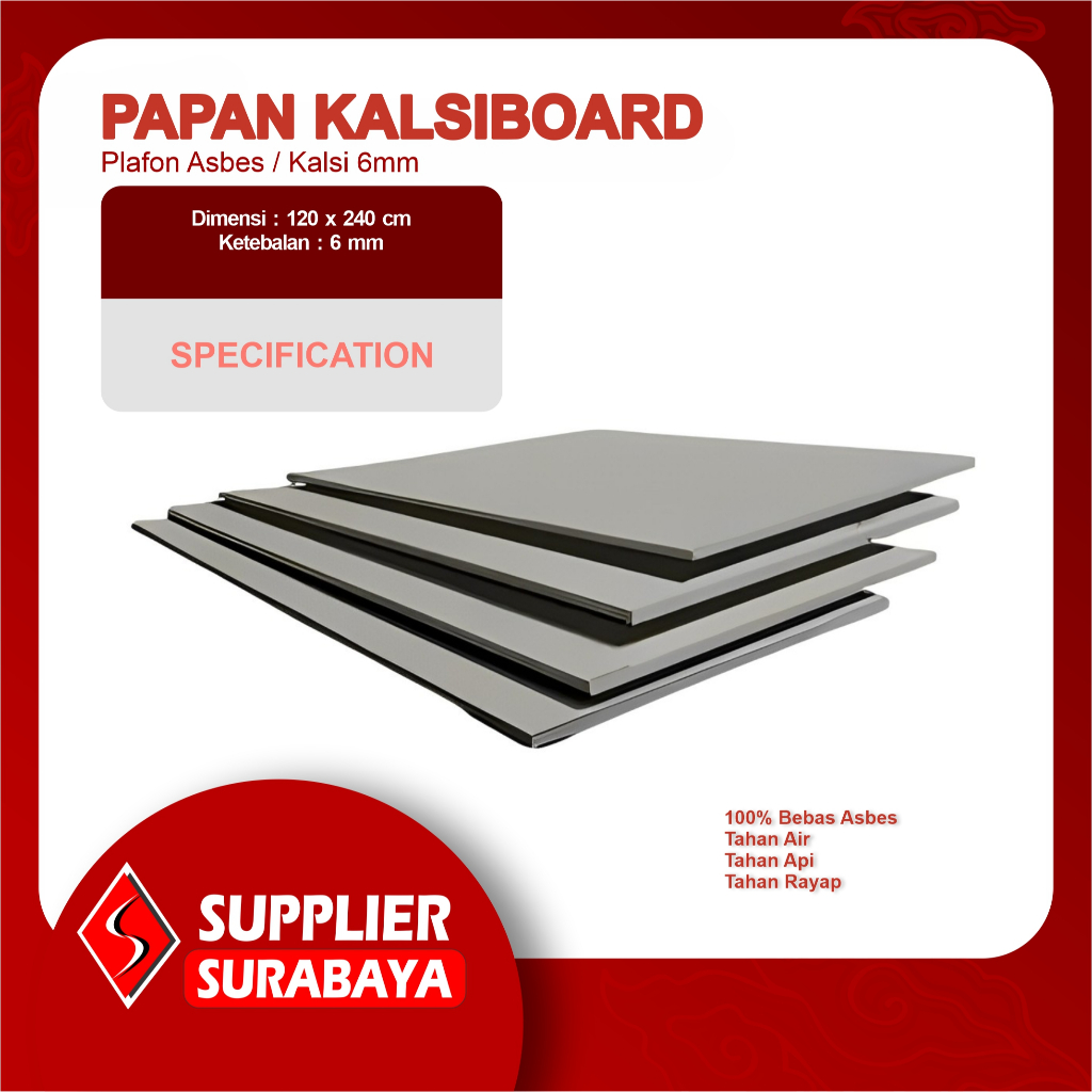 Papan Kalsiboard 6mm Ukuran 120 x 240 cm Plafon Asbes / Kalsi 6mm / kalsi plafon dan partisi 6mm / k