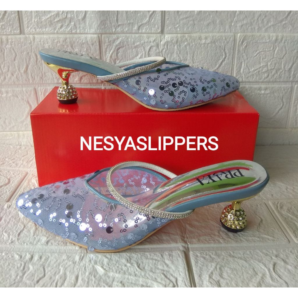 Selop Pengantin Wanita Motif Brukat Hak Kaca 5 CM