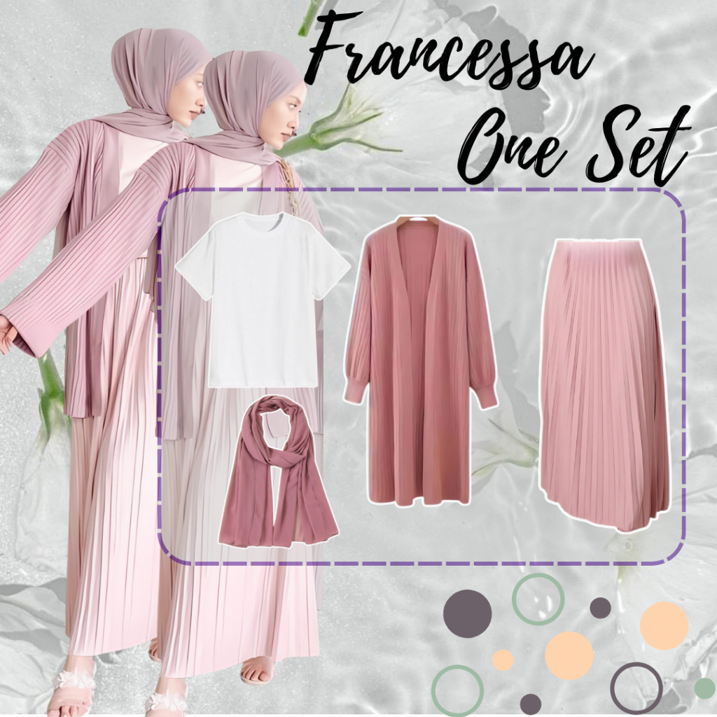 Francessa Set 4 In 1 OOTD Hijab Casual, Chic, Girly 1 Set Hijab, Outer Rajut, Kaos dan Rok Plisket