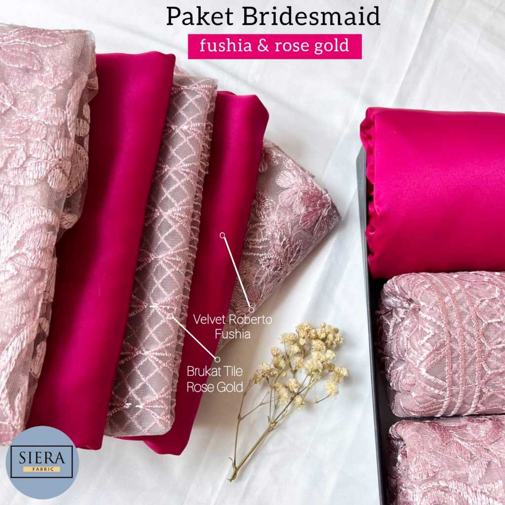 Paket Lengkap Kain Bridesmaid Premium / Kain Satin Velvet Fushia + Brukat Tile Rose Gold