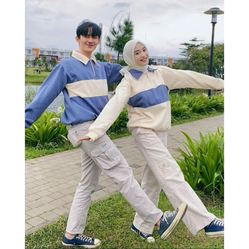 Sweater Halfzip Rugby Salur Pria-Wanita Unisex M-XXL