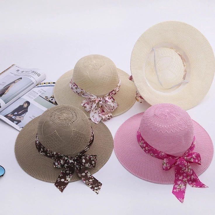 Diskon Minggu Ini  Topi Pantai Bunga Vintage Pita Polkadot Topi Pantai Bulat Rajut Aksesoris Fashion