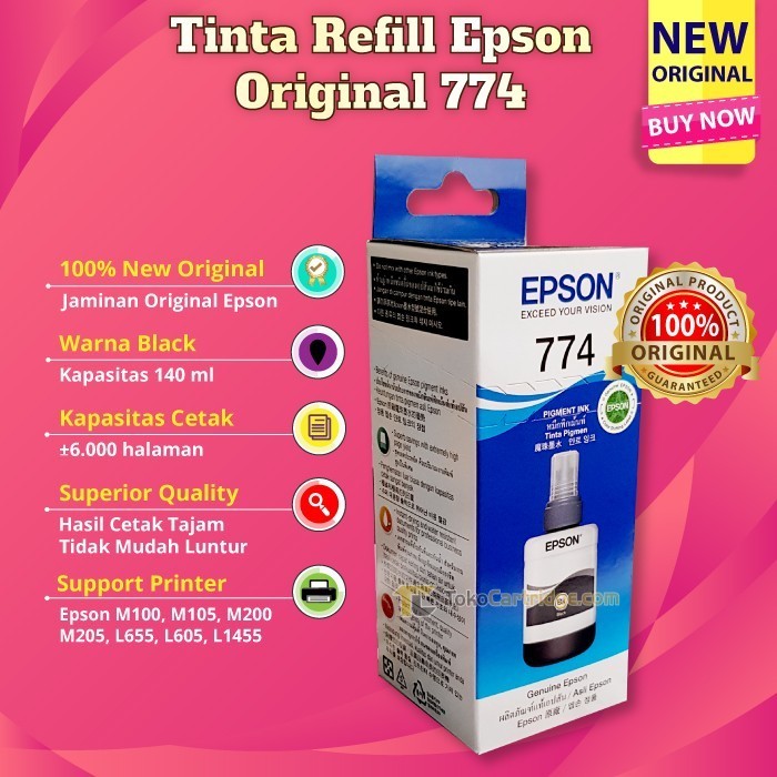 Tinta Original Epson Ink C13T774100 Original Ori Tinta 774 T7741 Printer L1455 M100 M105 M200 M205 L