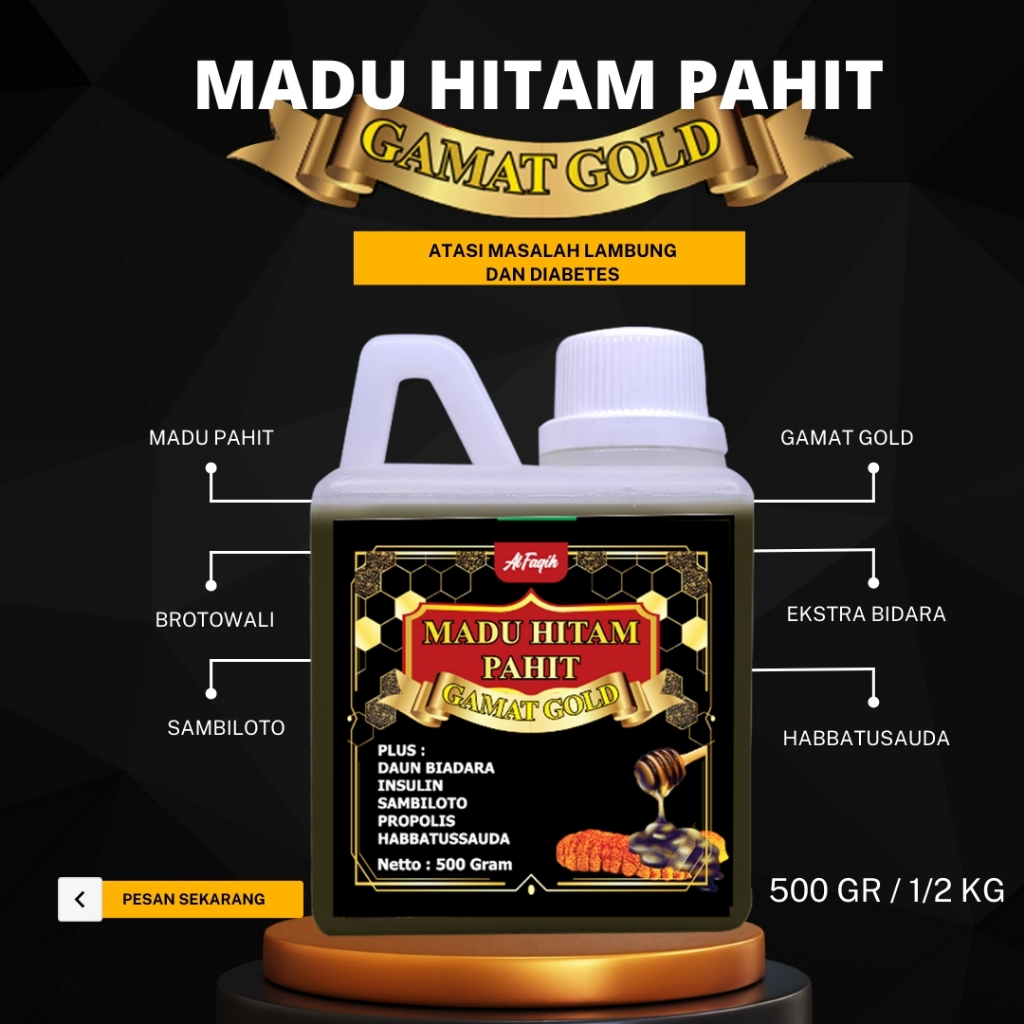 

Madu Hitam Pait plus Propolis Gamat emas 500 GR Asli Madu Herbal Obat Diabetes Jantung Kanker