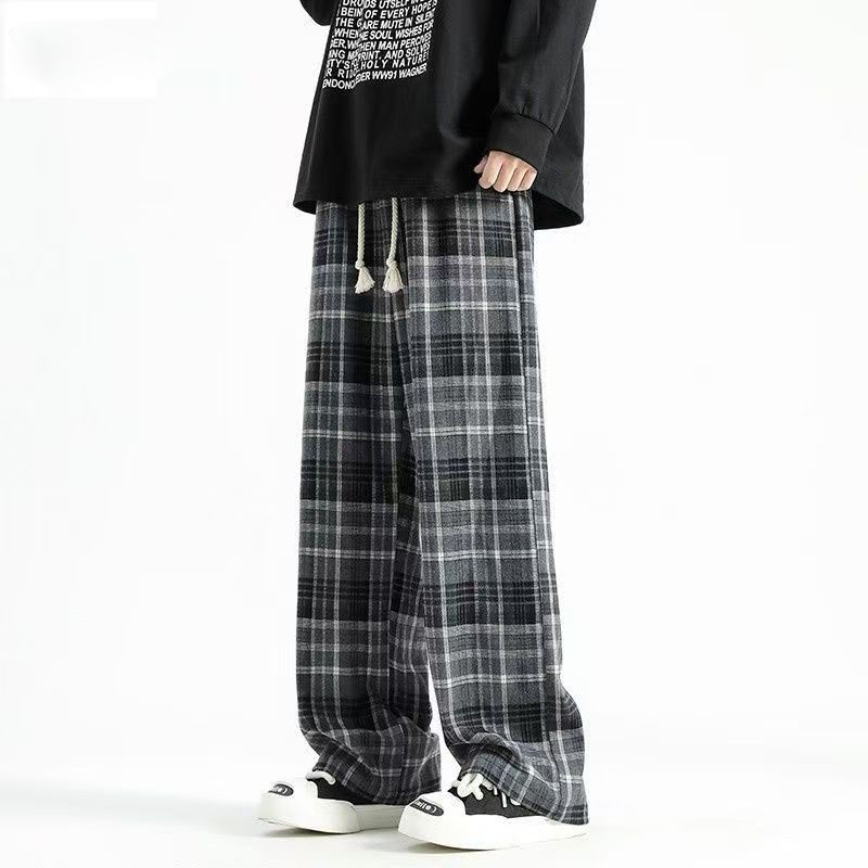 Celana pria panjang baggy korean style straight loose kulot motif kotak kotak casual long pants ping
