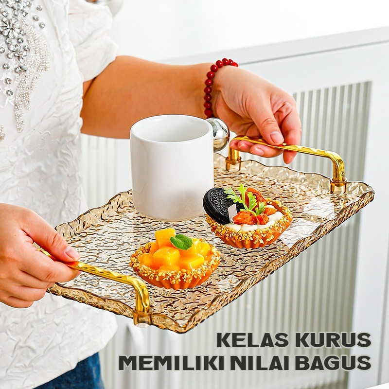 Gold Plastik Baki Transparan Handle Aesthetic Spesial Nampan Buah Snack Wadah Perhiasan Bulat COD Na