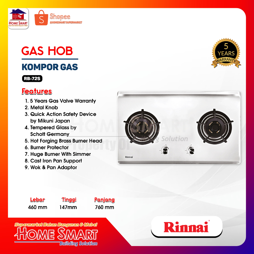 Kompor Tanam Rinnai RB-72S - Stainless Steel