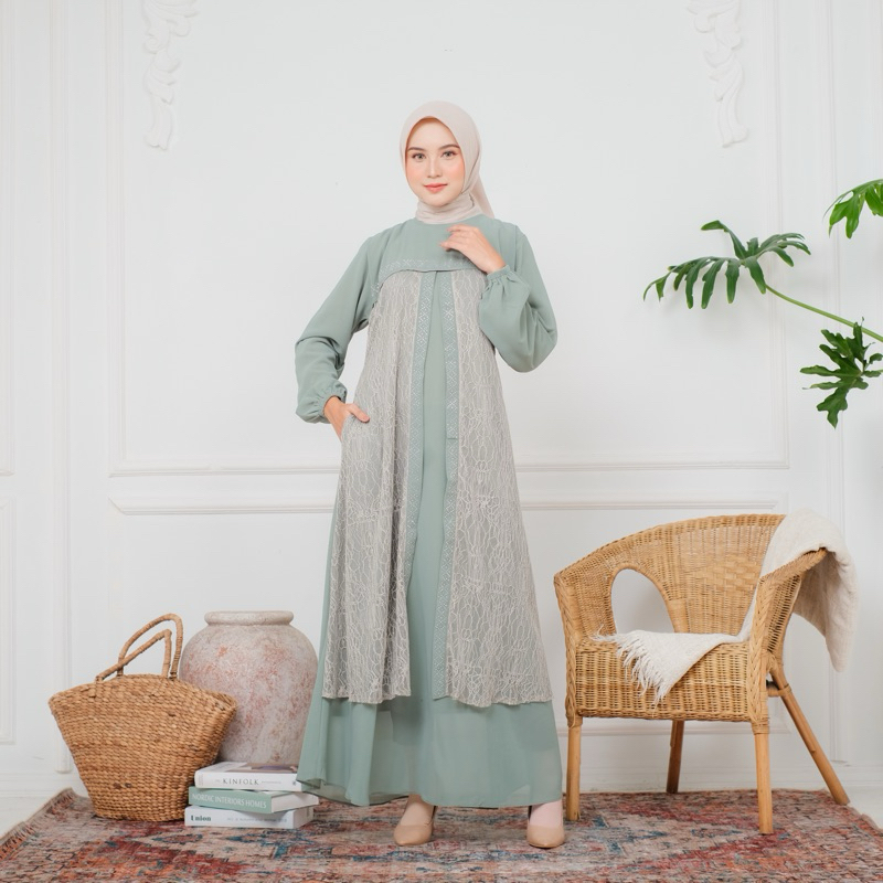 Adiba Dress Gamis pesta mewah elegan Mix Brokat bahan Ceruty Babydoll Premium  Best seller Kekinian