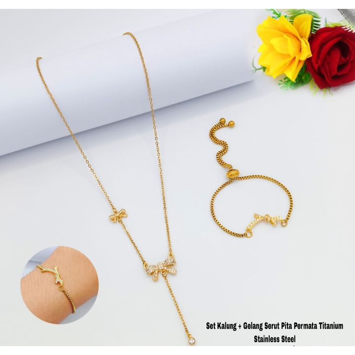 NEW - Set Kalung + Gelang Serut Pita Permata 2 Titanium