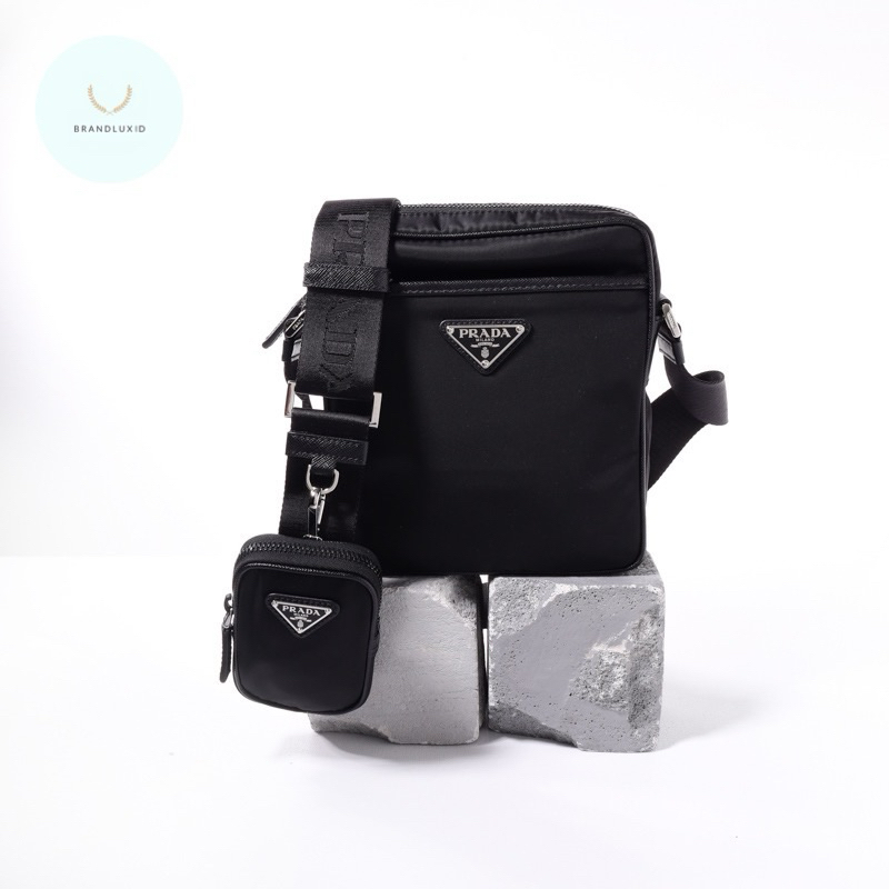 Prada Men Triangle Logo Shoulder Bag in Black Re-Nylon x Saffiano Leather with Removable Pouch