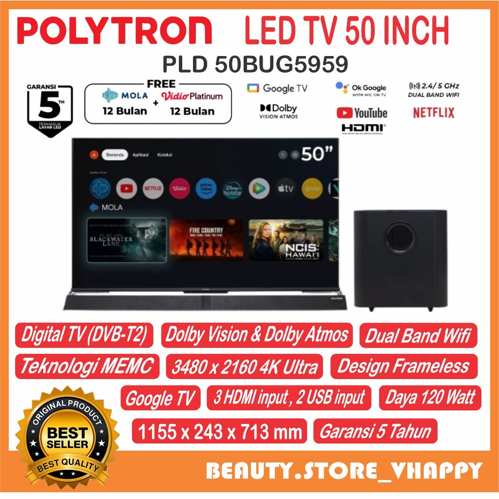 LED TV Polytron 4K UHD Smart Cinemax Soundbar Google TV 50 Inch PLD 50BUG5959
