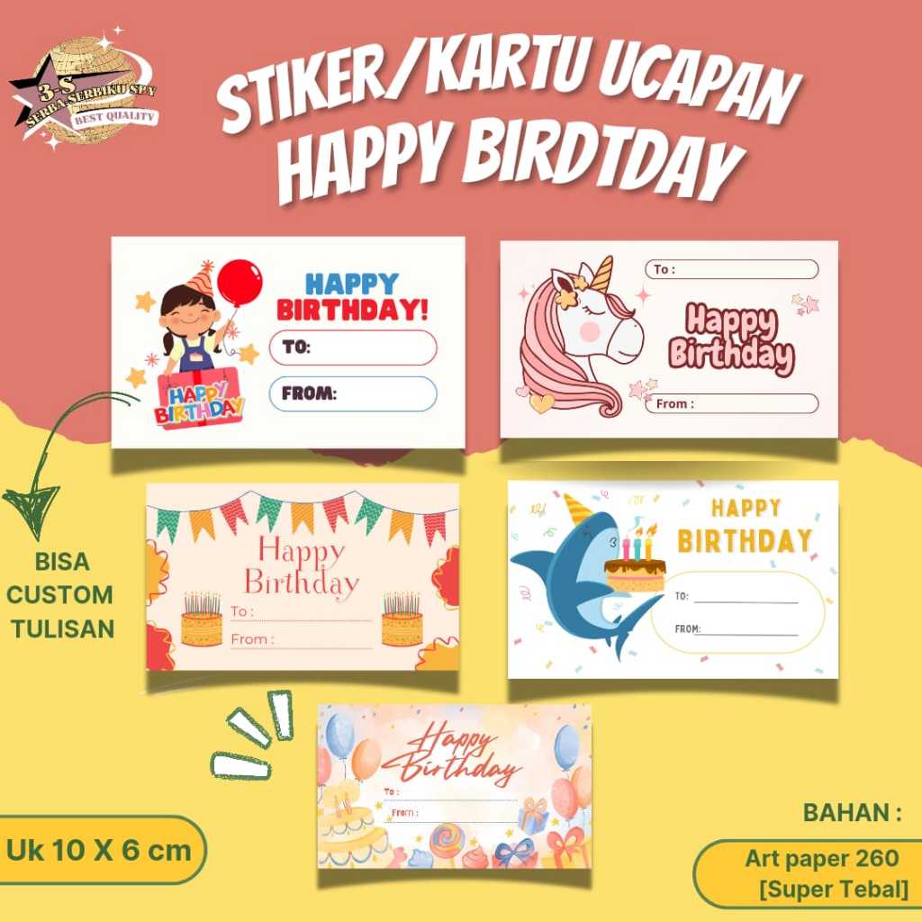 KARTU UCAPAN HAPPY BIRTHDAY /Stiker Ucapan UCAPAN HBD/  Kartu Ucapan Ulang Tahun Polos /  Greeting C