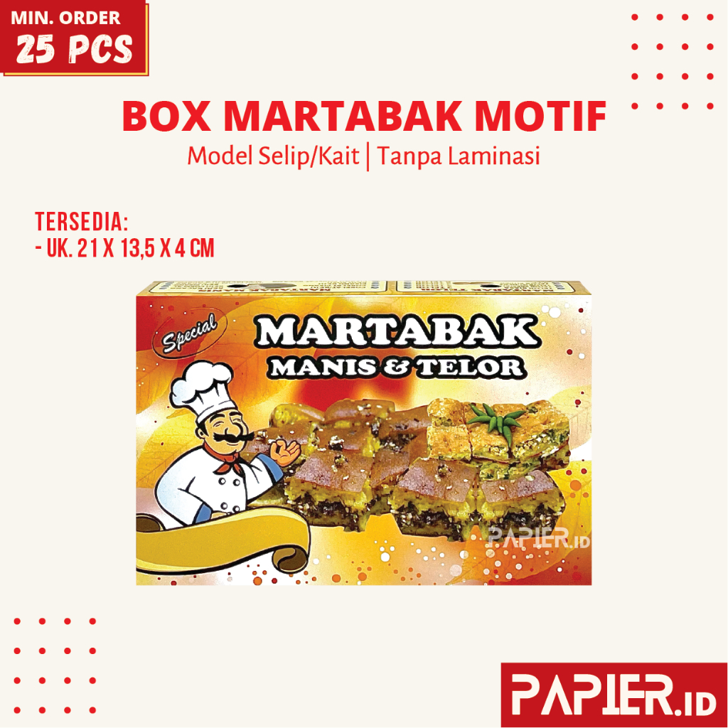 

Box Martabak Manis & Telor Motif Merah uk. 21x13,5x4 cm Tebal 350gr Tanpa Laminasi / Dus Makanan Kotak Snack Kardus Kue AP