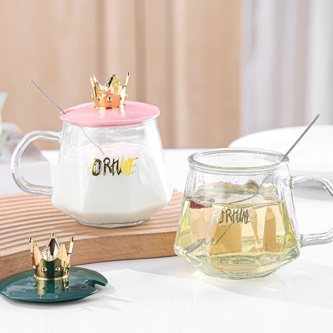 Mug Cangkir Kaca Tutup Mahkota Gelas Kaca Transparan Mahkota Aesthetic
