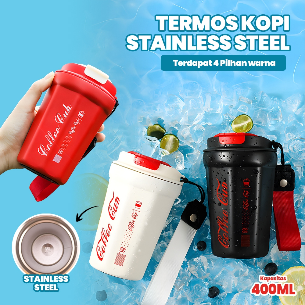 Termos Tumbler Kopi Stainless Steel 400ml Tahan Panas Dingin Cup Gelas Cangkir Travel Mug Bonus Tali