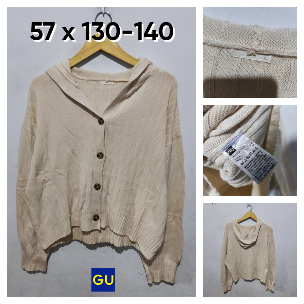 Cardigan Knit With Hoodie GU by Uniqlo Ivory Size L Wanita Atasan Cewek Outer Sweater ED380