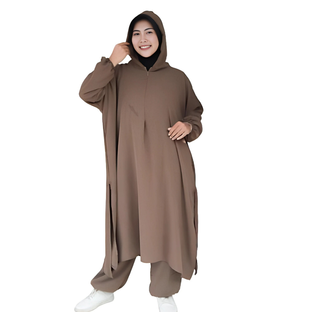 ALEYAH Setelan Olahraga Wanita Muslim Syari Premium Gamis Khimar Hijab Longtunik Celana Adem Crinkle