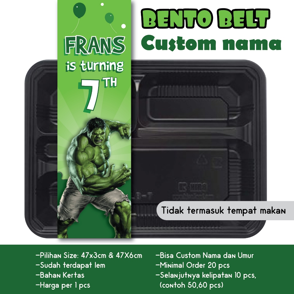 

BENTO BELT HULK AVENGERS SPIDERMAN IRONMAN CAPTAIN AMERICA PAPER BELT AVENGER MARVEL BENTO BELT CUSTOM NAMA ULANG TAHUN HAPPY BIRTHDAY ULTAH HBD KERTAS UCAPAN STIKER SLINGER TEMPELAN NASI KOTAK MAINAN GAMBAR