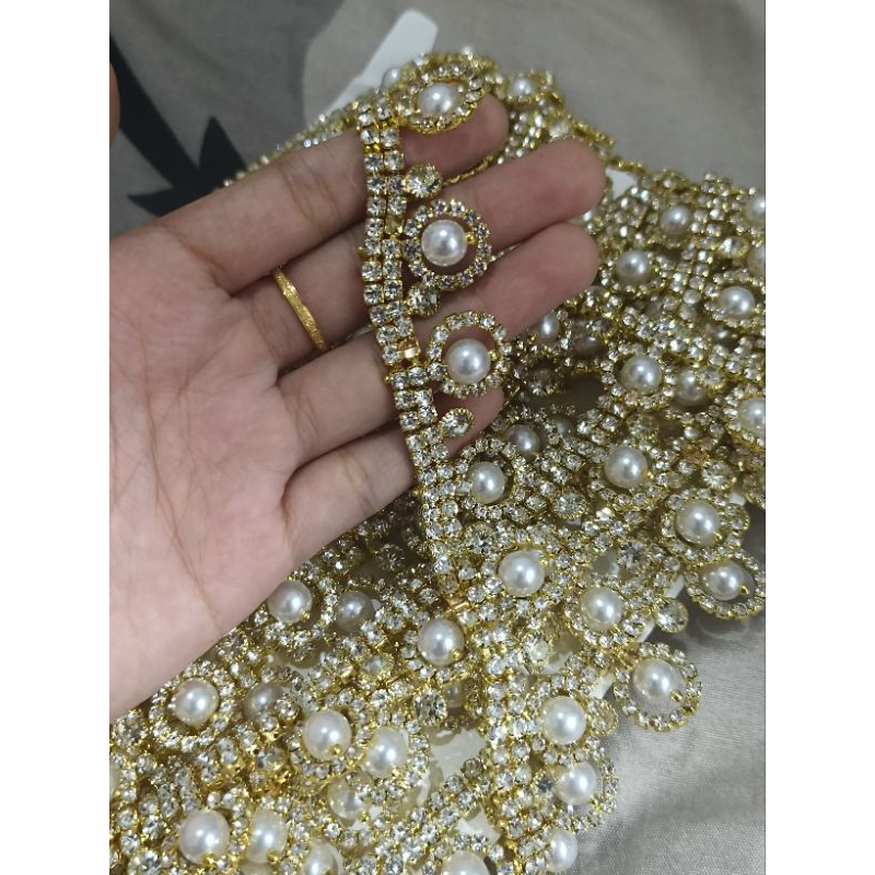 PER 10CM Payet Berlian Rangkai Swarovski Pearl Meteran Crystal