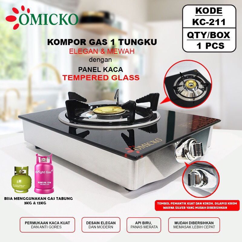 Kompor GAS OMICKO /Kompor 1 tungku kaca/Kompor Gas 1 Tungku Tempered Glass Original