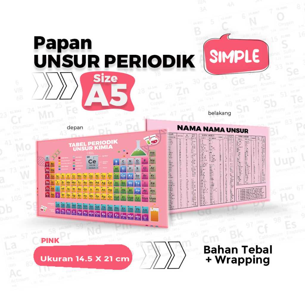 

PAPAN TABEL PERIODIK UNSUR KIMIA (A5) PRAKTIS ( Merah Jambu )