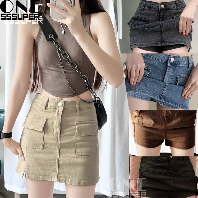 S-6XL Rok pendek denim pinggang tinggi wanita gaya Korea Rok denim bentuk A Rok pinggul denim belaha