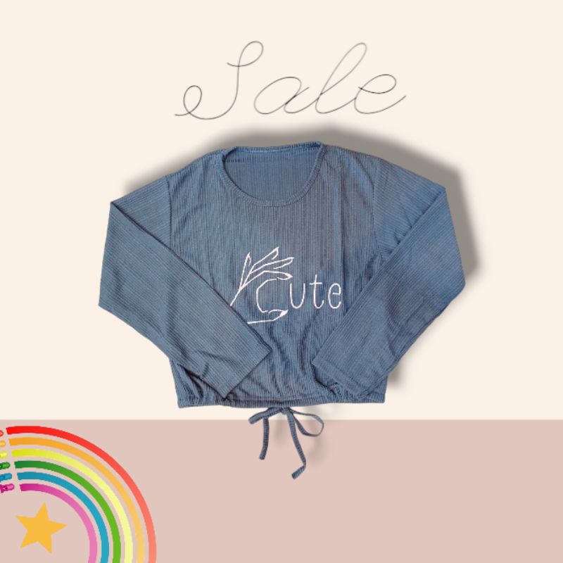 Top Crop Wanita Tali Serut Tengah Lengan Panjang Model Korea