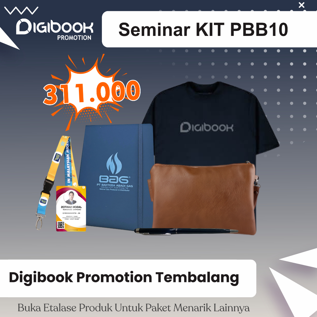 

Pouch Kulit, Kaos Cotton, Notebook Kulit Karet, Paket Idcard, Pulpen Besi | Paket Seminar Kit Isi 5 | PBB10.2