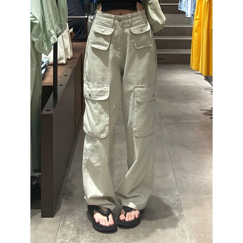 Celana Cargo Wanita Pasir Putih Korean Style Highwaist Big Size Jumbo
