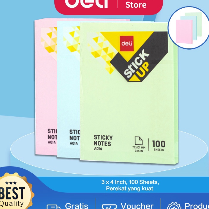 

KILAT SUPER Deli Memo tempel Sticky Notes 1 Sheets perekat kuat tahan lama warna neon eye catching EA143