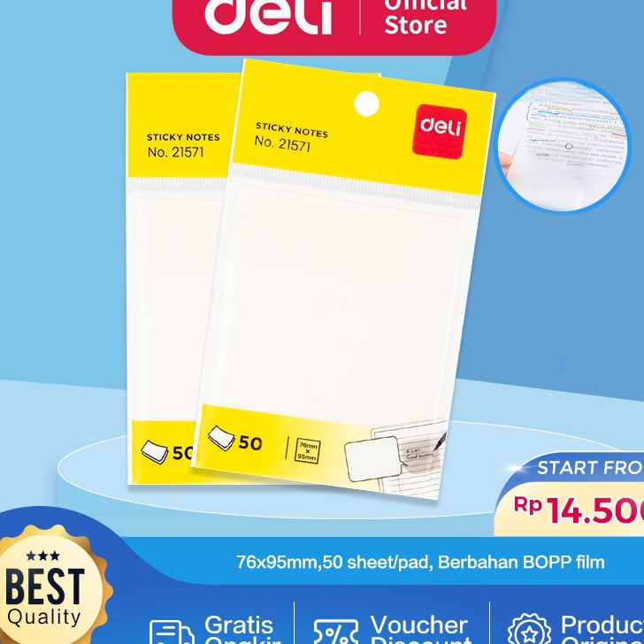 

FESTIVAL DISKON Deli Semitransparent Sticky Notes Memo Tempel Semi Transparan 76x95mm 5 LembarPad Lem Kuat 21571