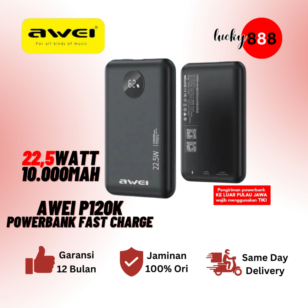 AWEI Power Bank Android 10000mAh Real Capacity Fast Charge PD 22.5W - P120K Hitam