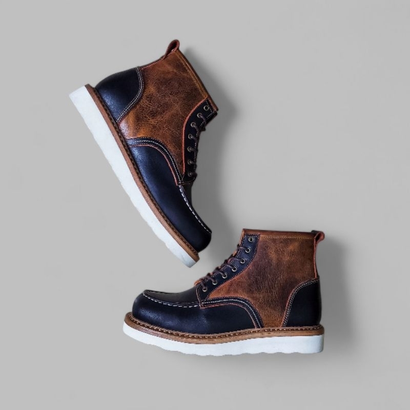 Map Inc Moc Toe Boots Kombinasi - Sepatu Moc Toe Boot Kulit Sapi Asli Premium