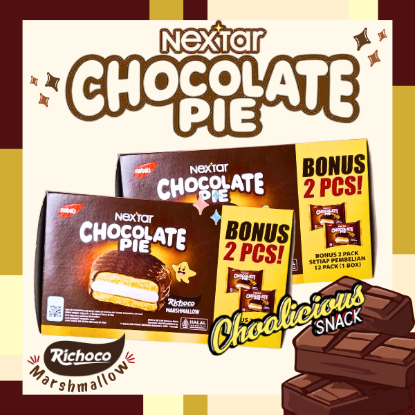 

NEXTAR Chocolate Pie Richoco Marshmallow Biskuit Keik Isi Marshmallow Salut Cokelat (12+2 pcs @28 gr)