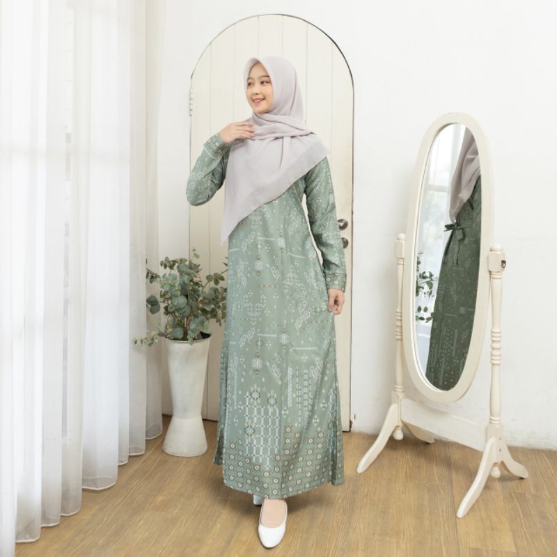 Elliza Official - Nadheera Dress Bahan Maxmara Luxury Print Warna Sage Dark Purple Gamis Busui Dress