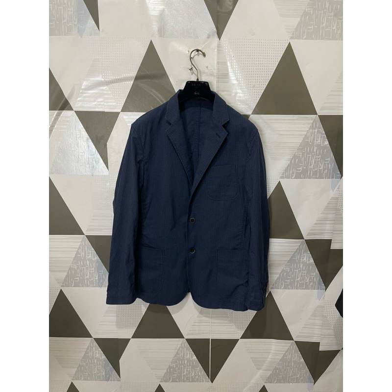 uniqlo blazer comfort biru kotak jas casual m