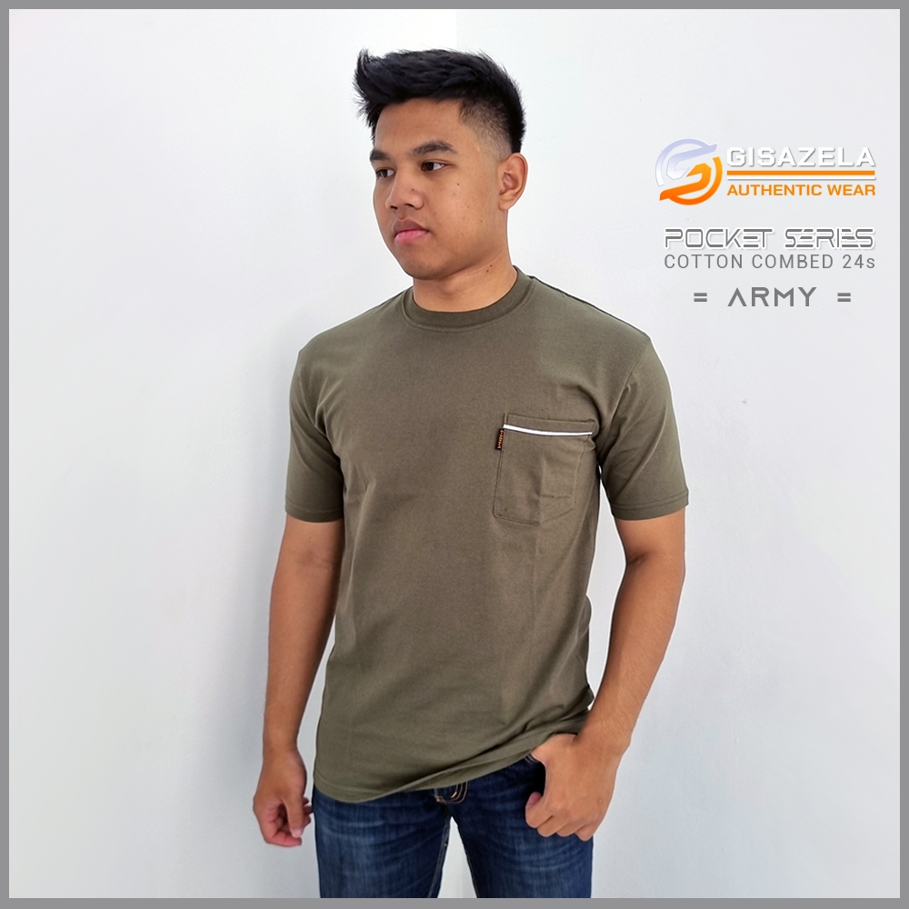 Kaos Distro Pria Saku Cotton Combed 24s Hijau Army Premium Gisazela Pocket Series