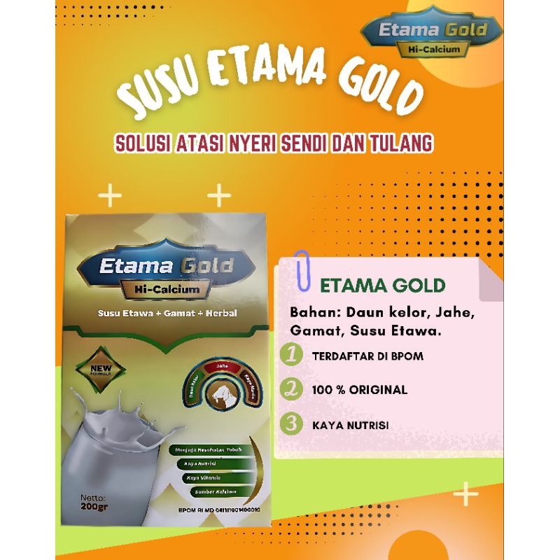 

Etama Gold Susu Etawa Plus Gamat Rekomendasi Ilmiah Atasi Nyeri Sendi & Tulang