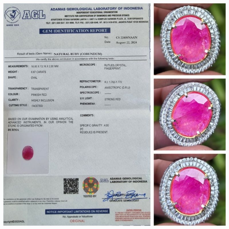 Natural Ruby Burma Myanmar Sertifikat AGL 6.67 crt