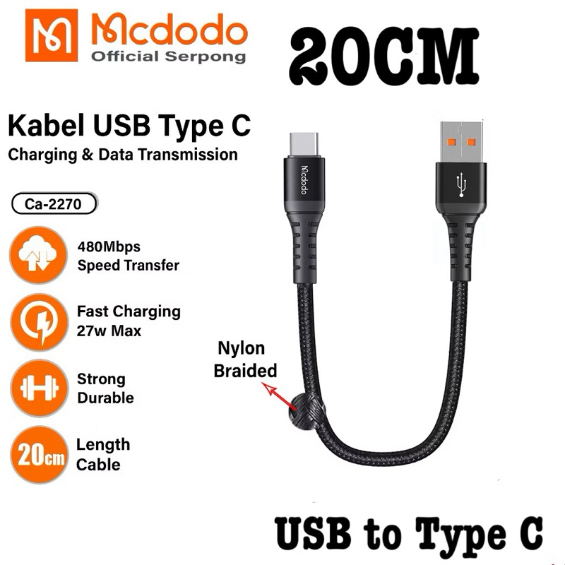 Kabel Data Pendek 20cm Usb Type C Mcdodo Ca-5173 Original Cable