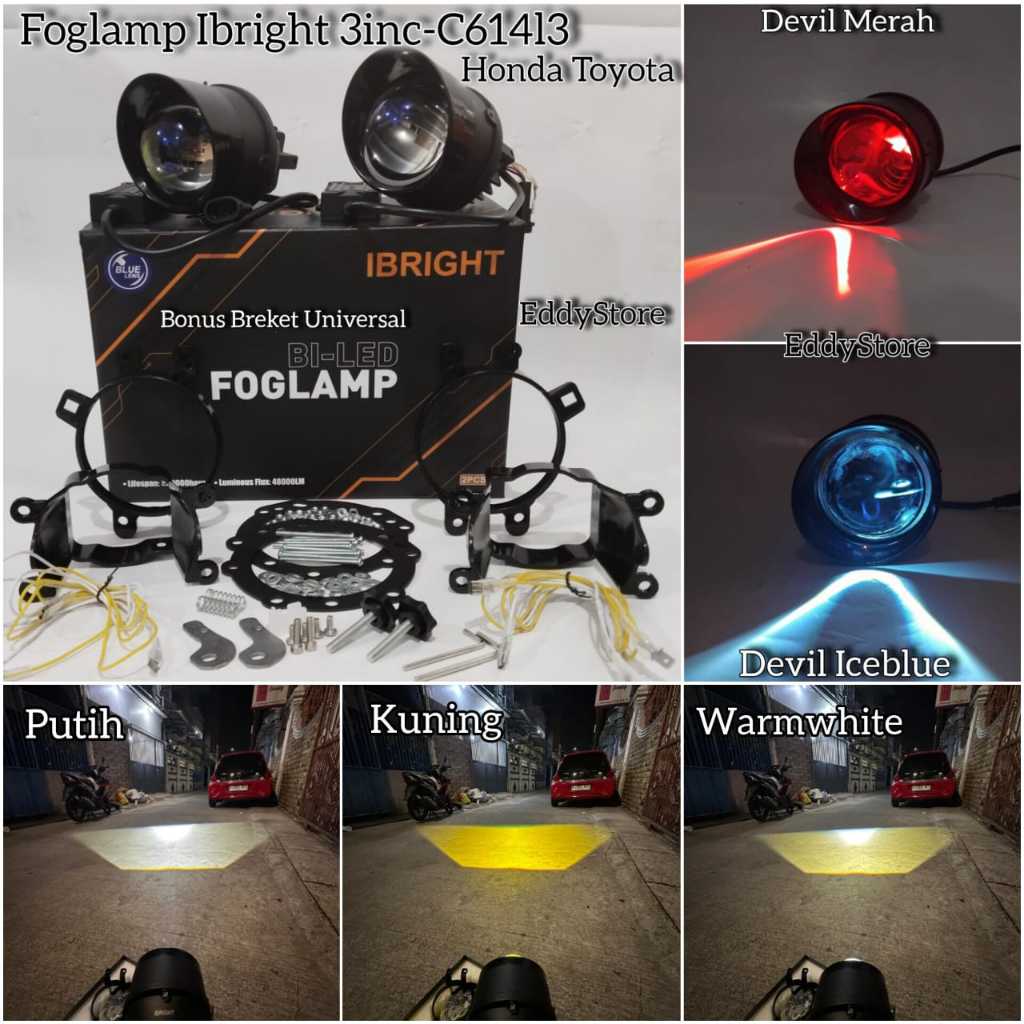 Sepasang Foglamp 3inc Ibright C613 Blue Lens Honda Toyota Waterproof Plus Breket Universal