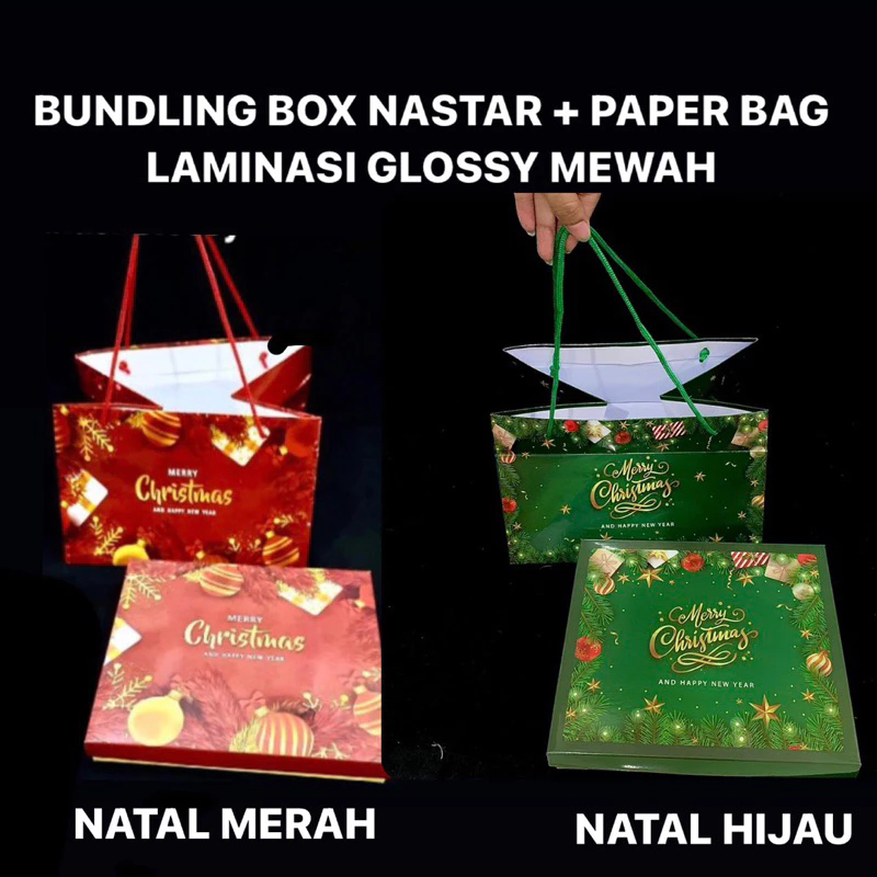 

1 Pack Isi 2 Pasang Box Nastar + Paper Bag Natal Box Gift Laminasi Glossy Hampers Christmas
