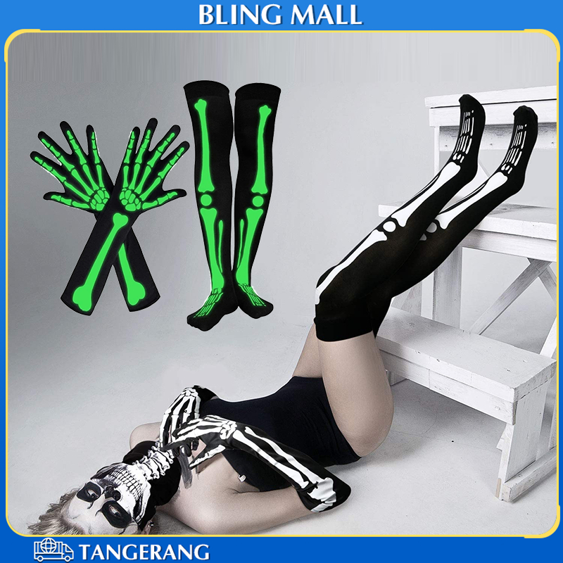 Sarung Tangan Tengkorak Skul Luminous Kaos Kaki Stocking Skull Glow In The Dark Kostum Halloween